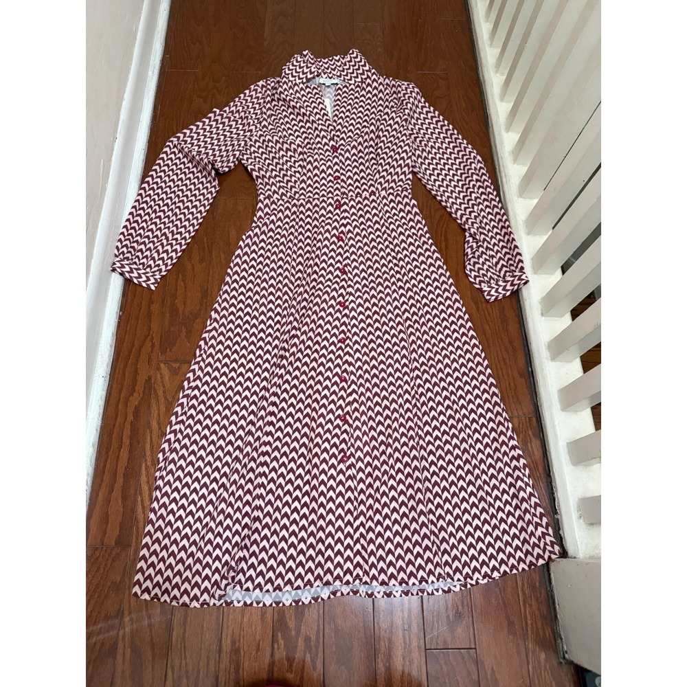 Rihoas Burgundy Chevron Geometric Button Down Midi Dress Long Sleeve XS‎ NWT